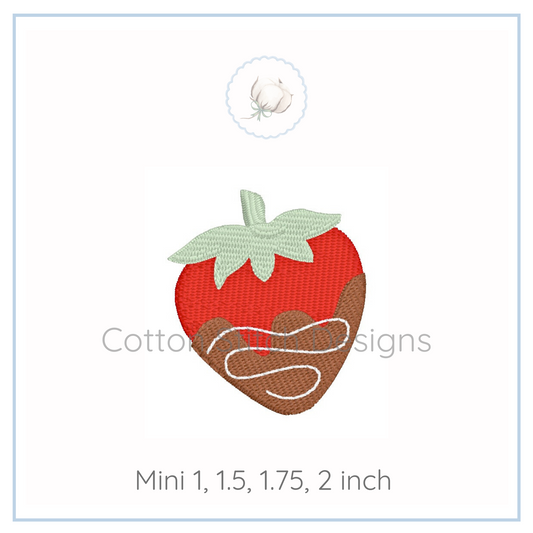 Machine Embroidery design Cotton Stitch Designs Miniature strawberry design with green leaf on a white background, featuring the brand 'Cotton & Steel Designs'.