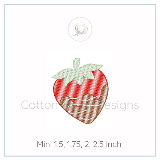 Machine Embroidery design Cotton Stitch Designs Embroidery design of a strawberry with chocolate drizzle on a white background, featuring the brand 'Cotton and Laces Designs'.