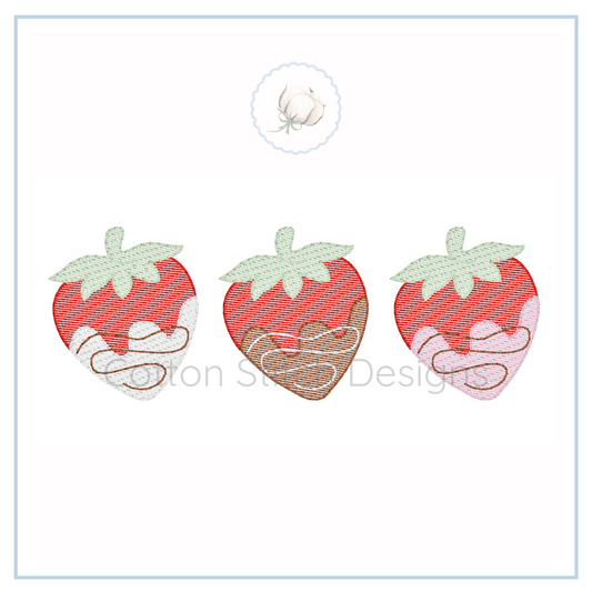 Machine Embroidery design Cotton Stitch Designs Three strawberry-shaped earrings with different fillings on a white background