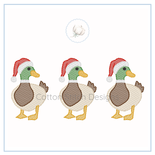 Machine Embroidery design Cotton Stitch Designs Three ducks wearing Santa hats.