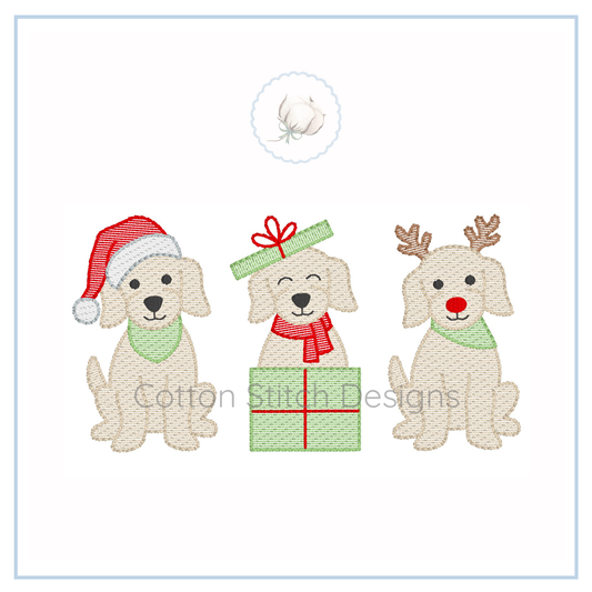 Machine Embroidery design Cotton Stitch Designs Three dogs with Christmas accessories.