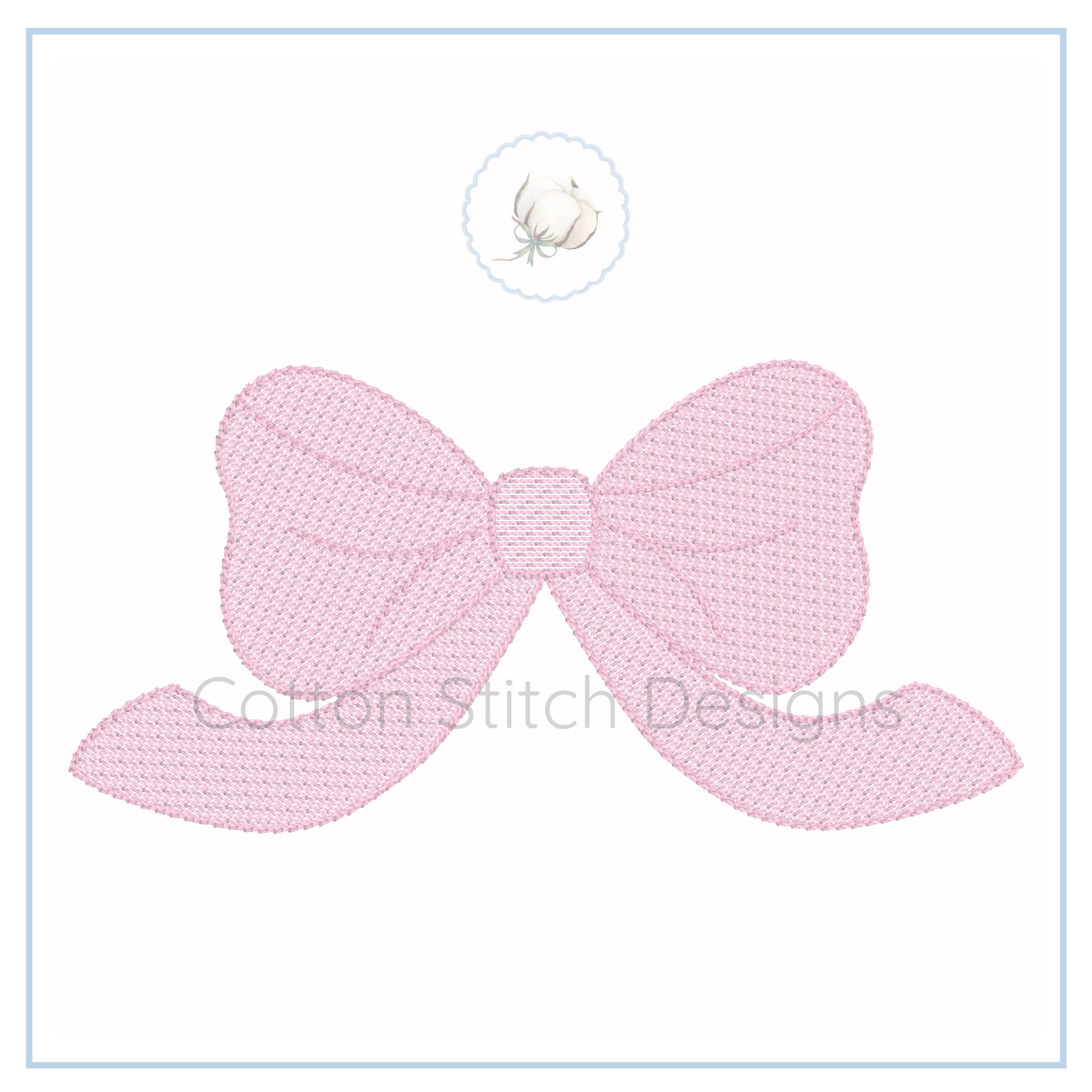 Machine Embroidery design Cotton Stitch Designs Pink knitted bow on a white background with 'Cotton Stitch Designs' branding.