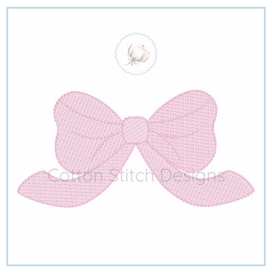 Machine Embroidery design Cotton Stitch Designs Pink knitted bow on a white background with 'Cotton Stitch Designs' branding.