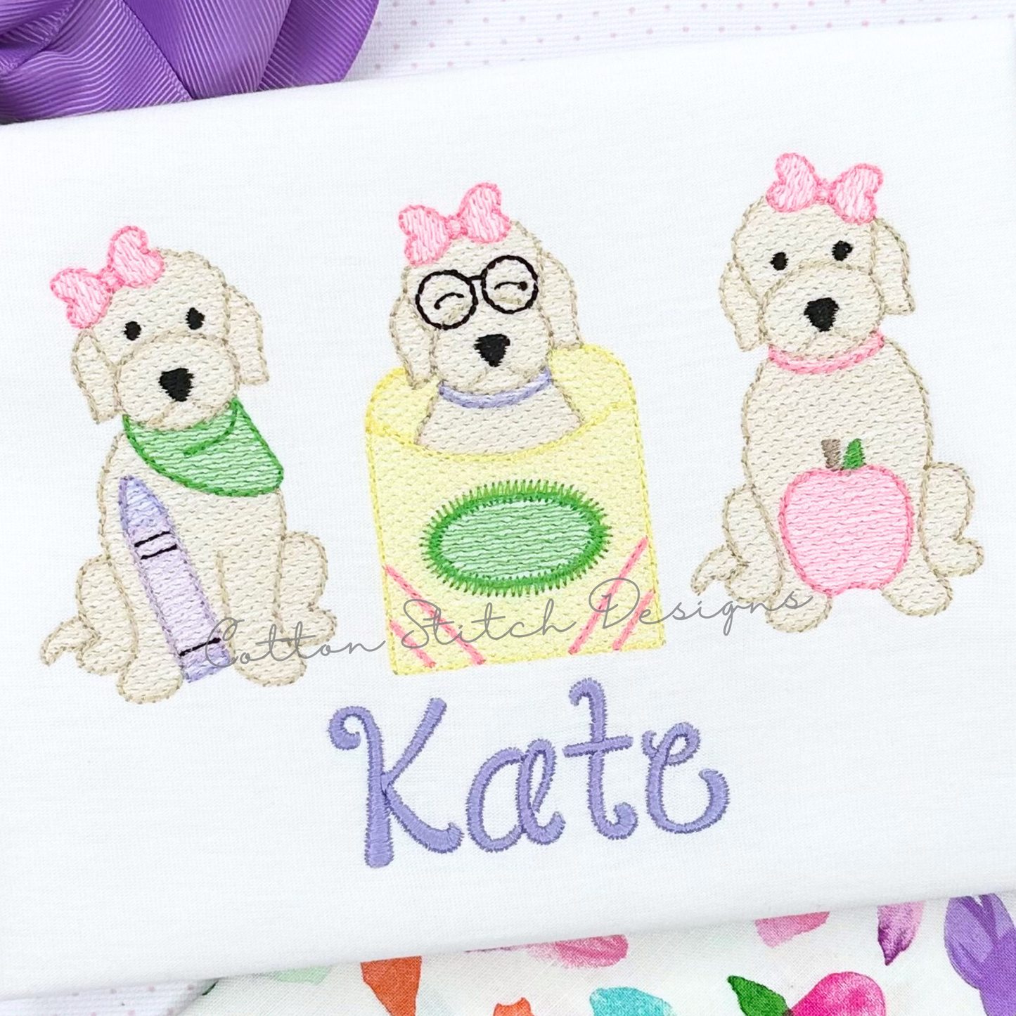 School Doodle Girl Puppy Trio Embroidery Design