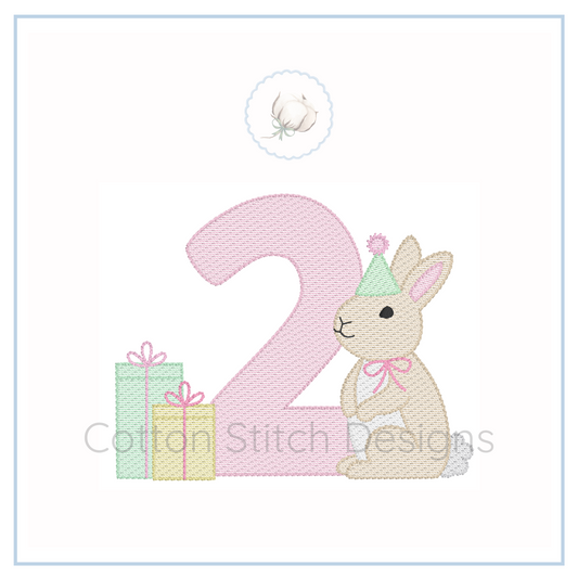 Machine Embroidery design Cotton Stitch Designs Embroidery design of a number '2' with a bunny and presents, featuring the brand 'Cotton Stitch Designs'.