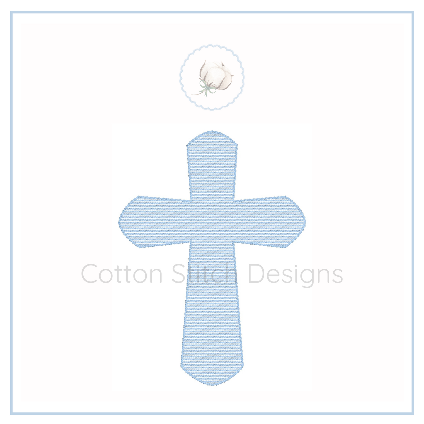 Machine Embroidery design Cotton Stitch Designs Embroidered blue cross design on a white background with 'Cotton Stitch Designs' text.