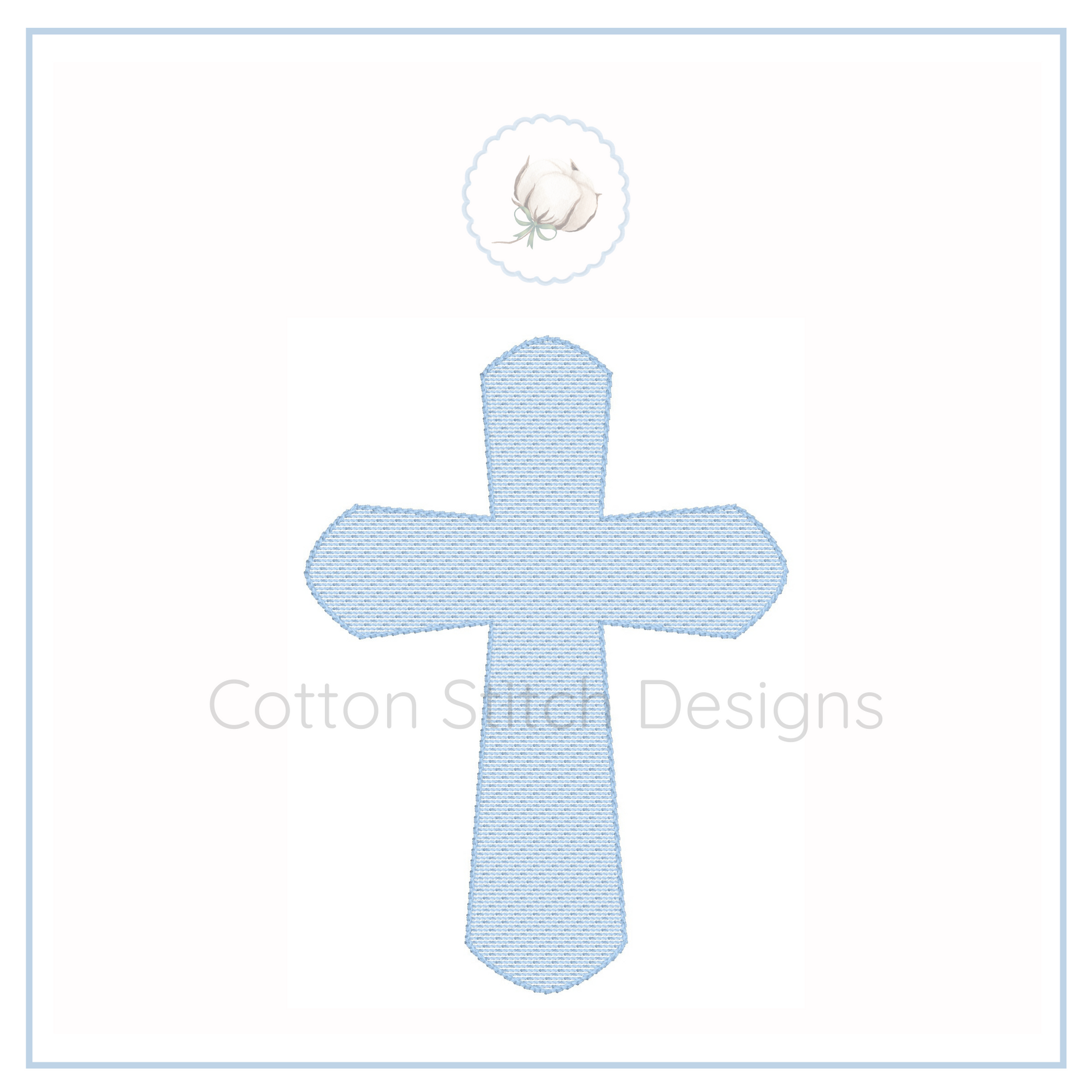 Machine Embroidery design Cotton Stitch Designs Embroidered blue cross design on a white background with 'Cotton Stitch Designs' text.