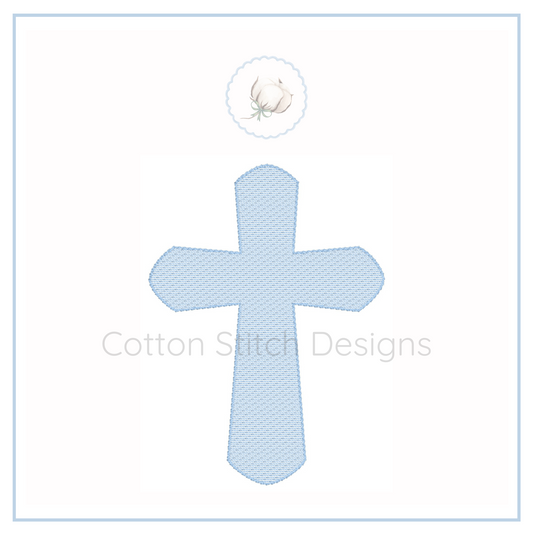 Machine Embroidery design Cotton Stitch Designs Embroidered blue cross design on a white background with 'Cotton Stitch Designs' text.