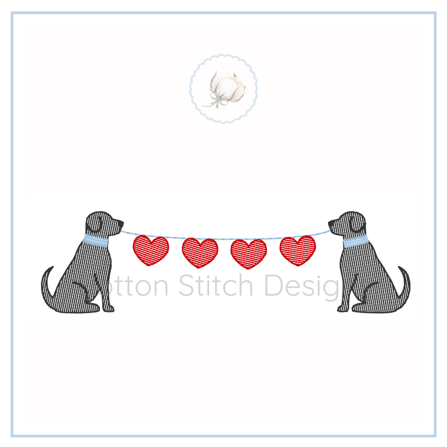 Machine Embroidery design Cotton Stitch Designs Two dogs with a string of red hearts on a white background, featuring 'Cotton Stitch Design' text.