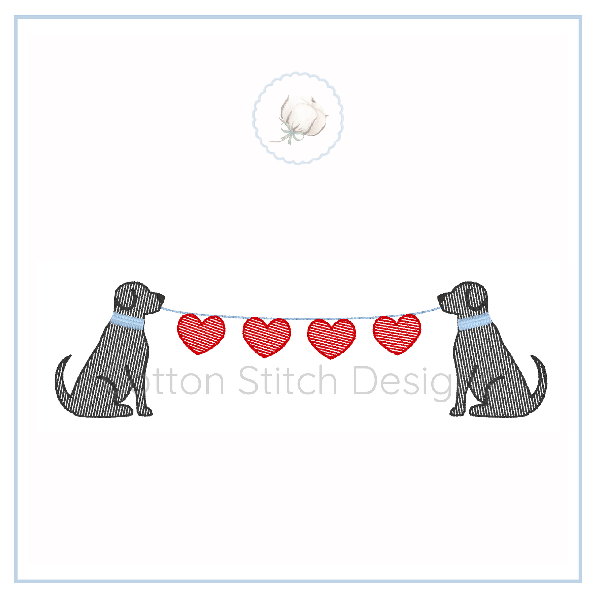 Machine Embroidery design Cotton Stitch Designs Two dogs with a string of red hearts on a white background, featuring 'Cotton Stitch Design' text.