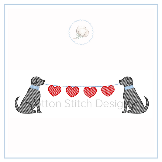 Machine Embroidery design Cotton Stitch Designs Two dogs with a string of red hearts on a white background, featuring 'Cotton Stitch Design' text.