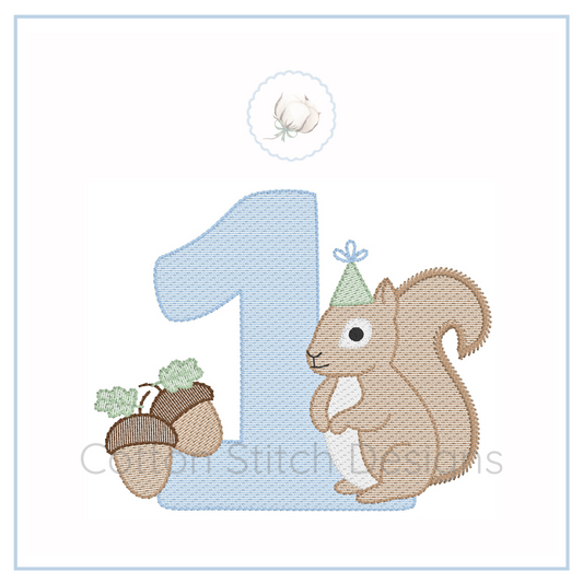 Machine Embroidery design Cotton Stitch Designs Embroidered design of a squirrel with a party hat next to the number '1' on a white background.