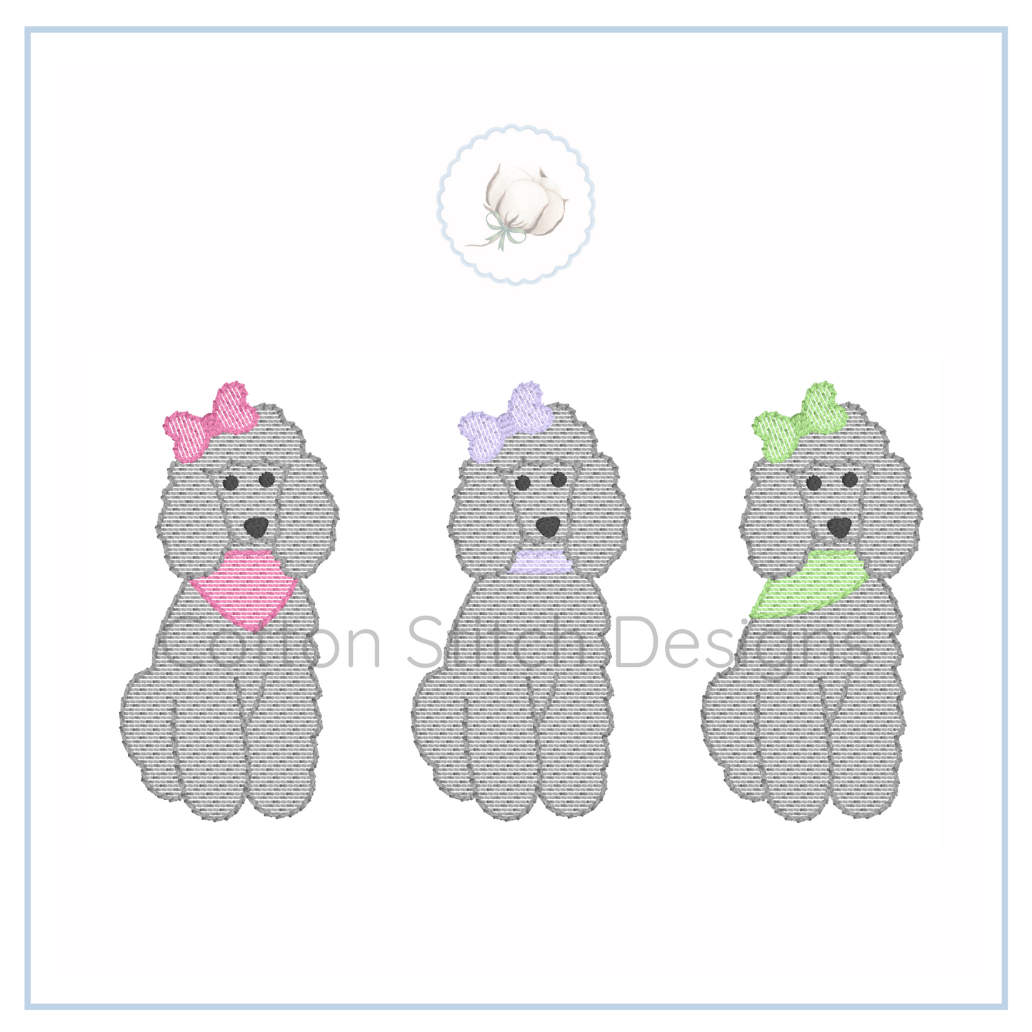 Machine Embroidery design Cotton Stitch Designs Three embroidered poodle designs with colorful bows on a white background