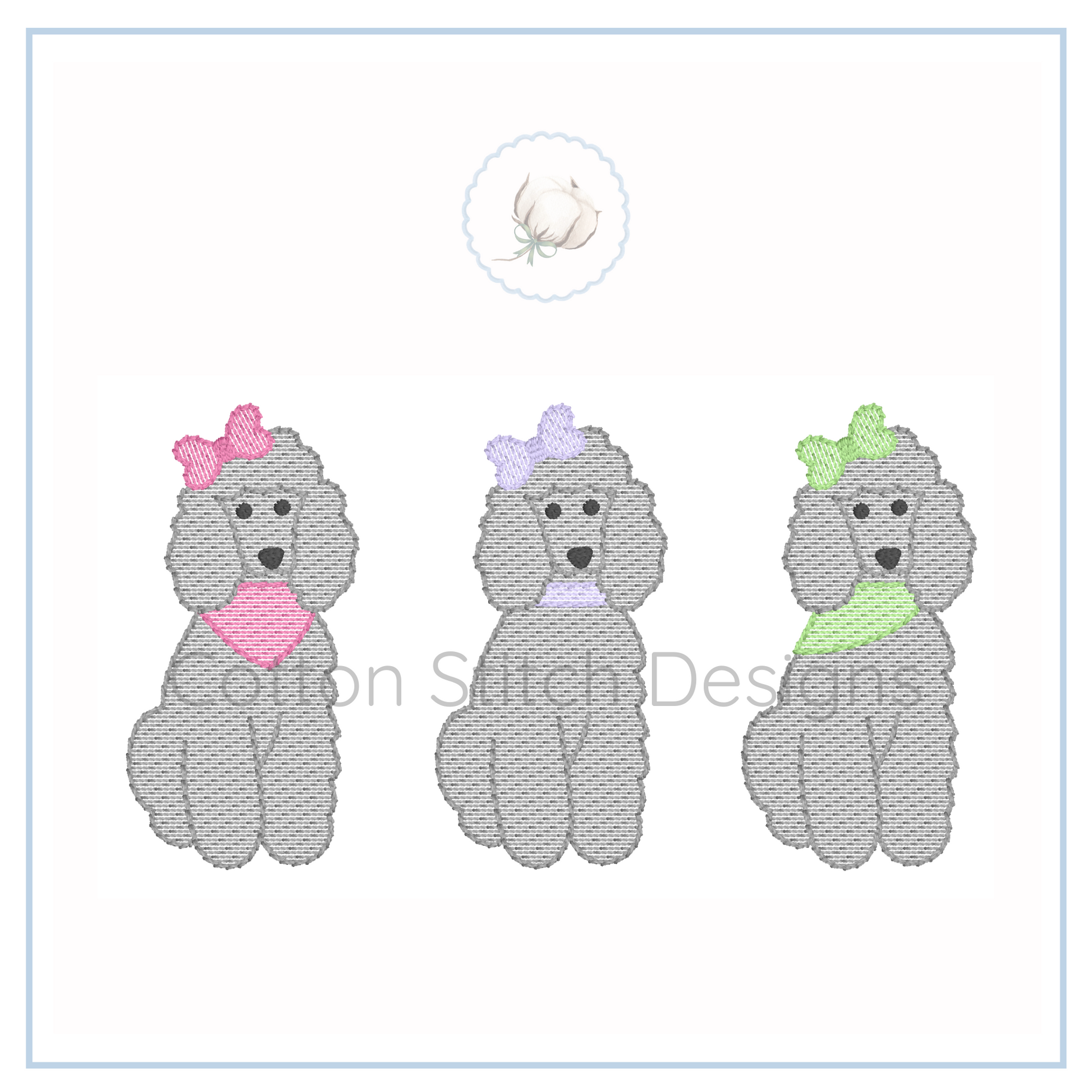 Machine Embroidery design Cotton Stitch Designs Three embroidered poodle designs with colorful bows on a white background