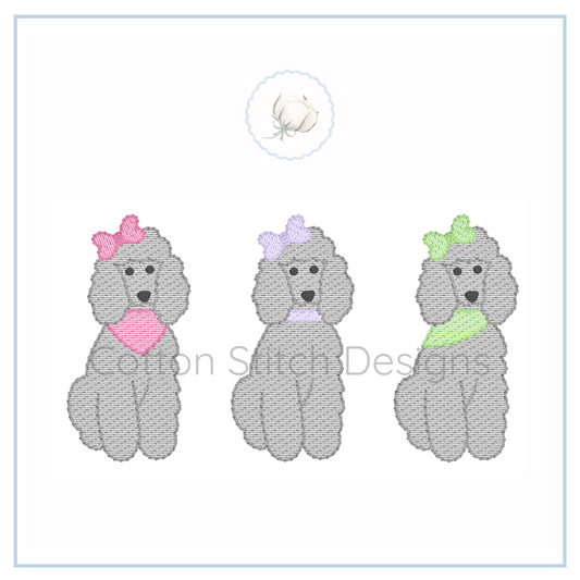 Machine Embroidery design Cotton Stitch Designs Three embroidered poodle designs with colorful bows on a white background