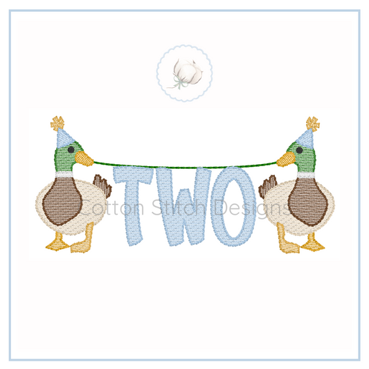 Machine Embroidery design Cotton Stitch Designs Two ducks with party hats on a banner with the word 'TWO'.