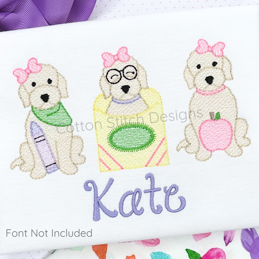 Machine Embroidery design Cotton Stitch Designs Embroidered design of three dogs with accessories on a white background, featuring the name 'Kate'.