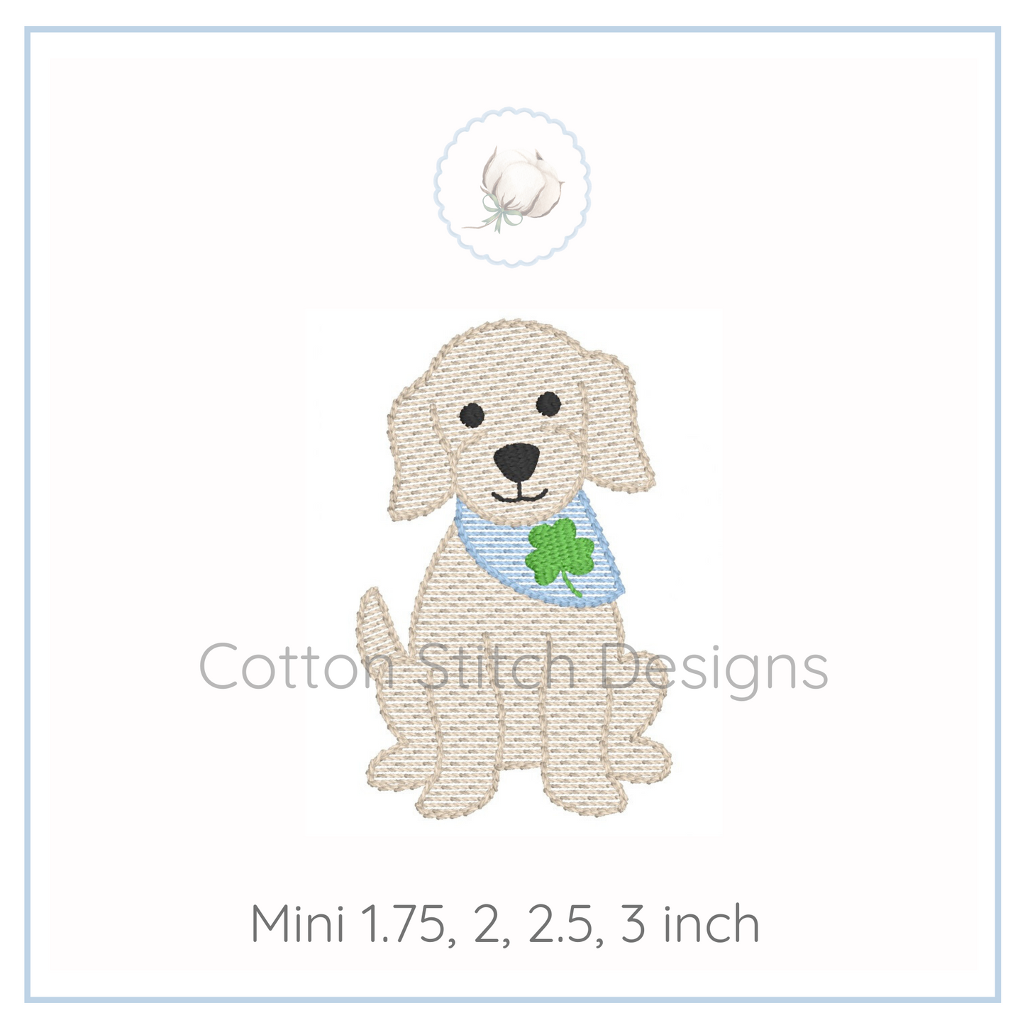 Machine Embroidery design Cotton Stitch Designs Embroidered design of a dog with a shamrock on a white background, branded 'Cotton Stitch Designs'.