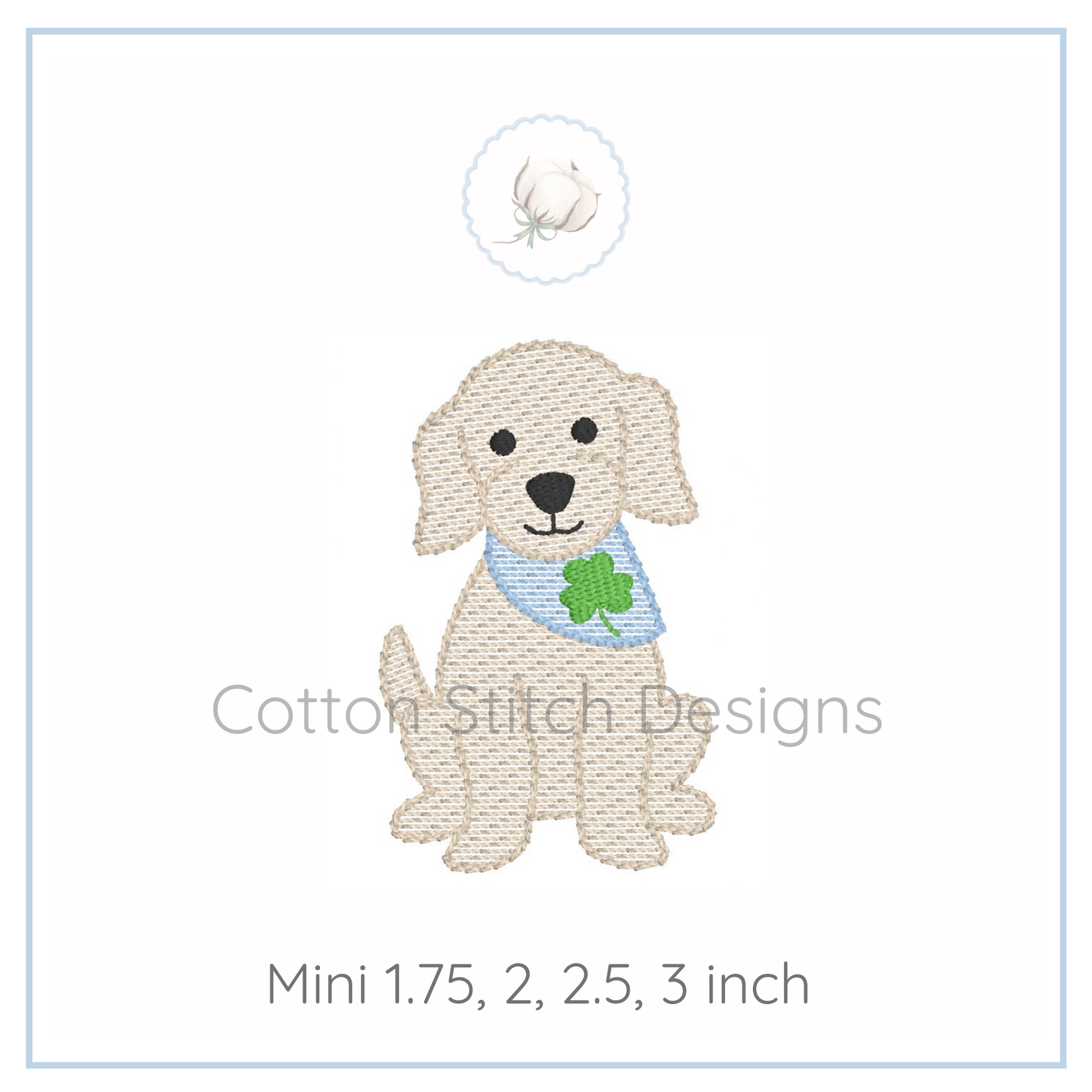 Machine Embroidery design Cotton Stitch Designs Embroidered design of a dog with a shamrock on a white background, branded 'Cotton Stitch Designs'.