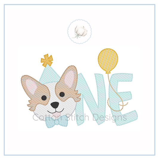 Machine Embroidery design Cotton Stitch Designs Embroidery design of a dog with a party hat and balloon, featuring the word 'ONE'.