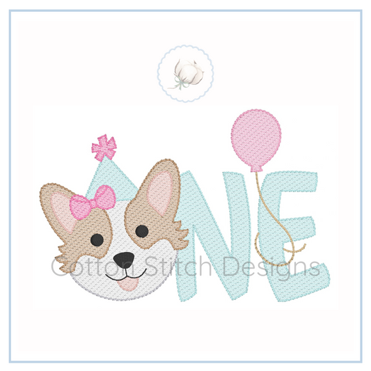 Machine Embroidery design Cotton Stitch Designs Embroidered design of a dog face with a bow and balloon, accompanied by the word 'ONE'.