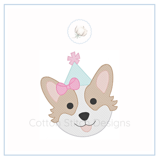 Machine Embroidery design Cotton Stitch Designs Embroidered patch of a dog's face with a party hat and pink bow on a white background.