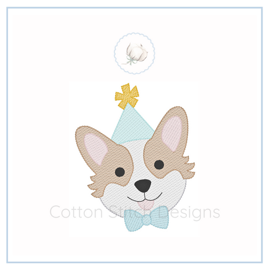 Machine Embroidery design Cotton Stitch Designs Embroidered design of a dog wearing a party hat and bow tie on a white background.