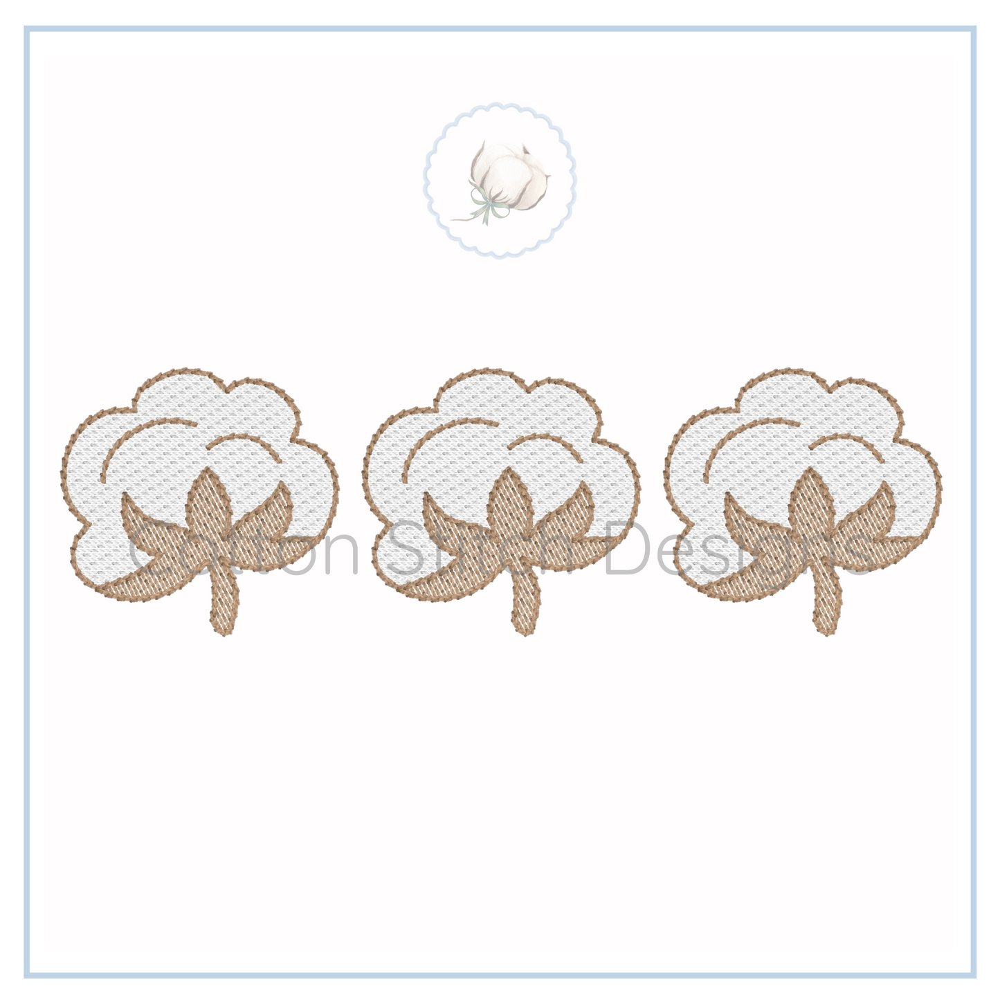 Machine Embroidery design Cotton Stitch Designs Three embroidered cotton bolls on a white card with a brand logo.