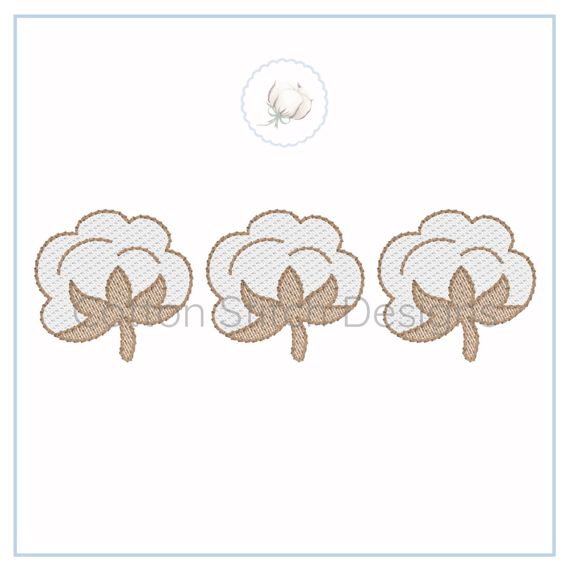 Machine Embroidery design Cotton Stitch Designs Three embroidered cotton bolls on a white card with a brand logo.