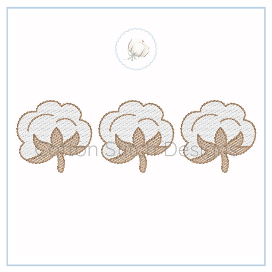 Machine Embroidery design Cotton Stitch Designs Three embroidered cotton bolls on a white card with a brand logo.