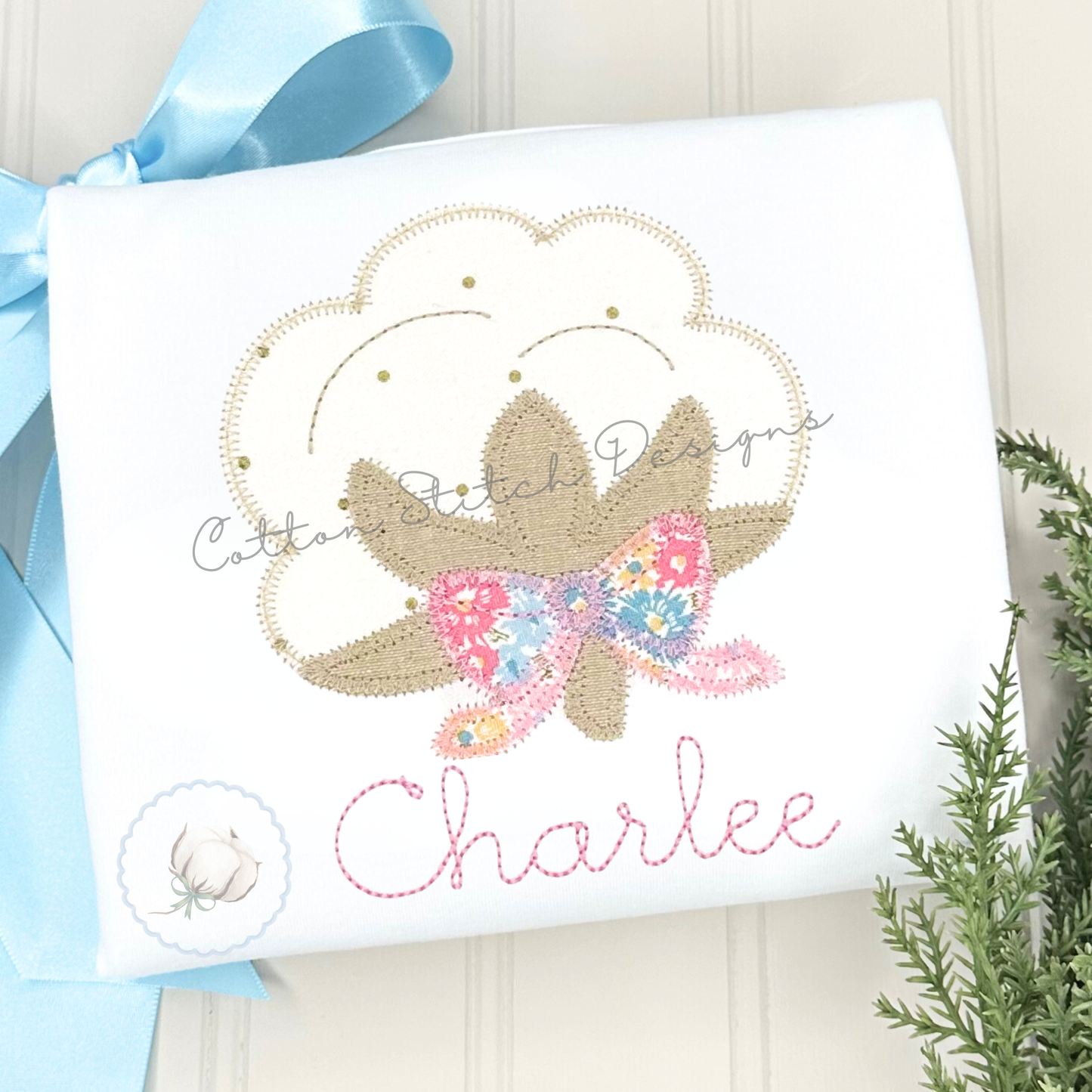 Cotton Boll with Bow Zig Zag Applique Embroidery Design