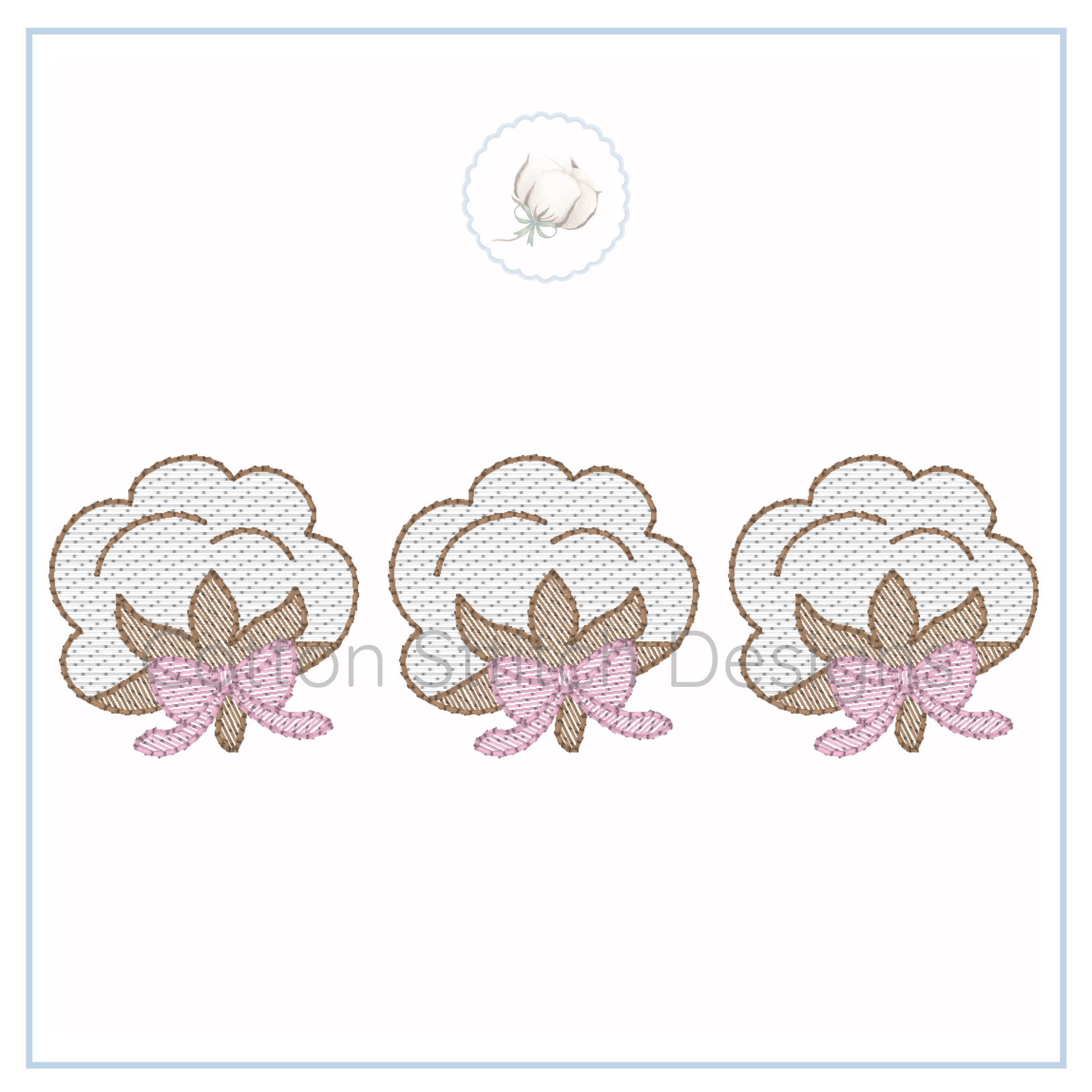 Machine Embroidery design Cotton Stitch Designs Three embroidered cloud and butterfly designs on a white card with a visible brand logo.