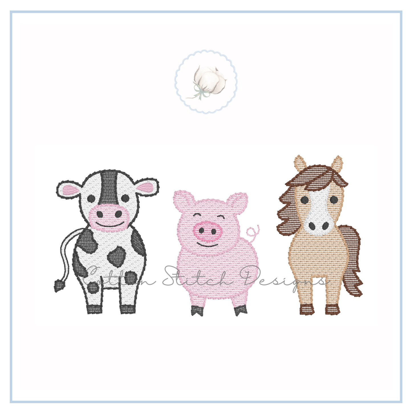 Cow Pig Horse Trio Sketch Embroidery Design
