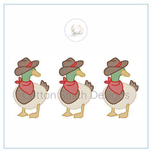 Machine Embroidery design Cotton Stitch Designs Three embroidered ducks wearing cowboy hats and bandanas on a white background