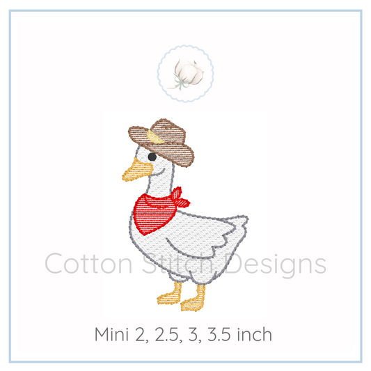 Machine Embroidery design Cotton Stitch Designs Embroidery design of a duck wearing a cowboy hat and bandana on a white background with 'Cotton Stitch Designs' branding.