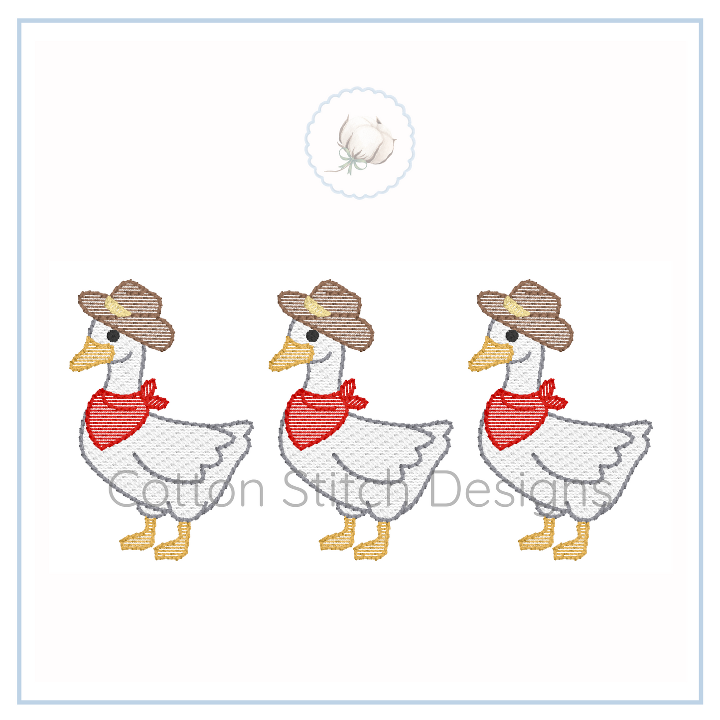 Machine Embroidery design Cotton Stitch Designs Three ducks wearing hats and bandanas on a white background