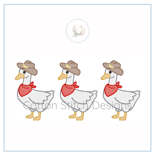 Machine Embroidery design Cotton Stitch Designs Three ducks wearing hats and bandanas on a white background