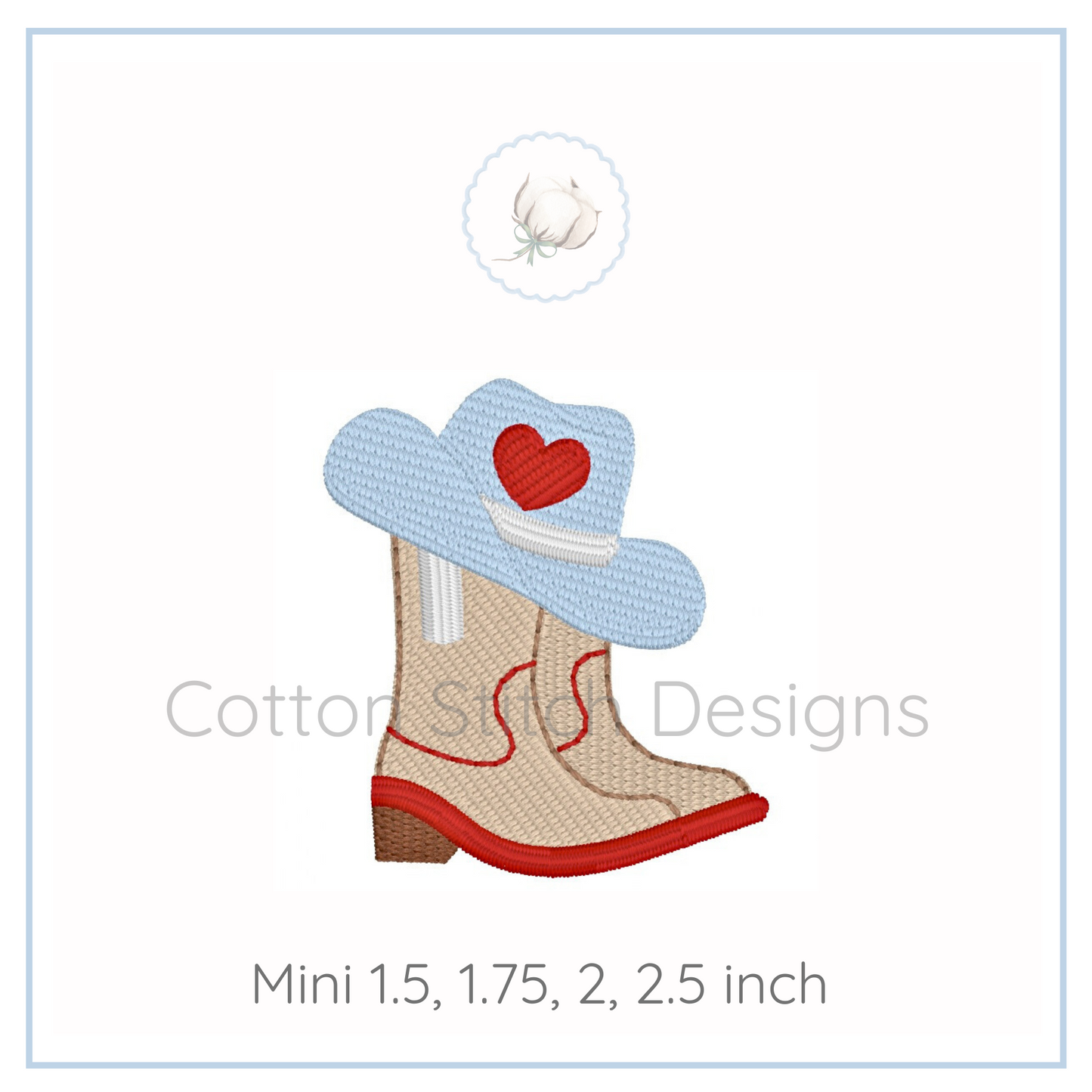 Machine Embroidery design Cotton Stitch Designs Embroidered design of a cowboy boot with a blue hat featuring a red heart.