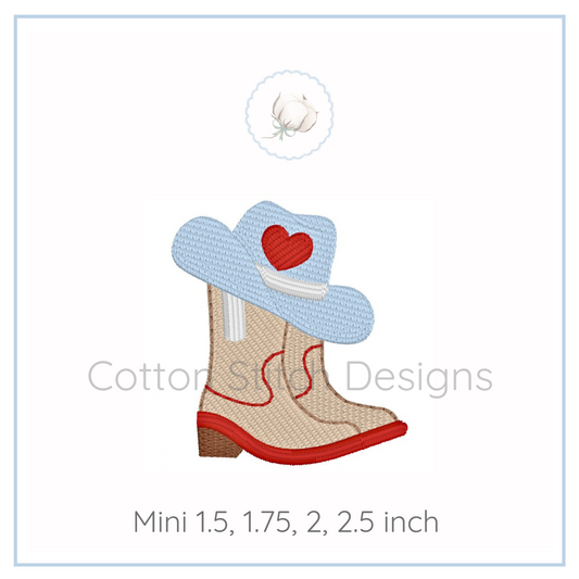 Machine Embroidery design Cotton Stitch Designs Embroidered design of a cowboy boot with a blue hat featuring a red heart.