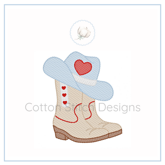 Machine Embroidery design Cotton Stitch Designs Embroidered design of a boot and cowboy hat with a heart on a white background.