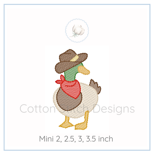 Machine Embroidery design Cotton Stitch Designs Embroidered design of a duck wearing a hat and bandana on a white background.