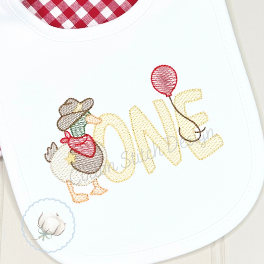 Machine Embroidery design Cotton Stitch Designs Embroidered bib with chicken design and 'ONE' text on a white background