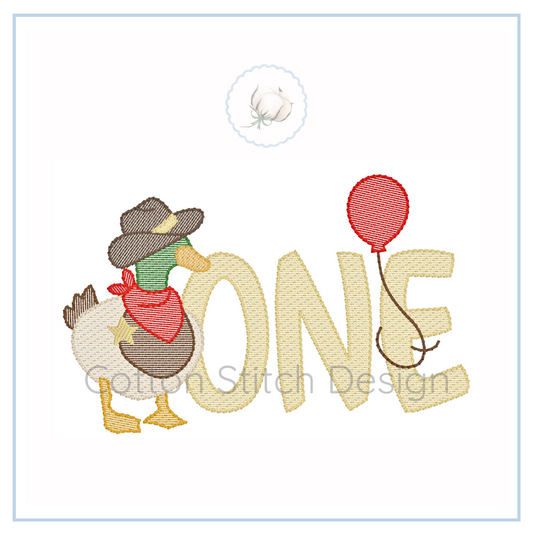 Machine Embroidery design Cotton Stitch Designs Embroidery design of a duckling in a cowboy hat with a red balloon and the word 'ONE'.