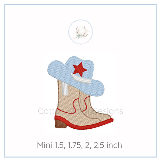 Machine Embroidery design Cotton Stitch Designs Embroidery design of a cowboy boot and hat with a red star on a white background.