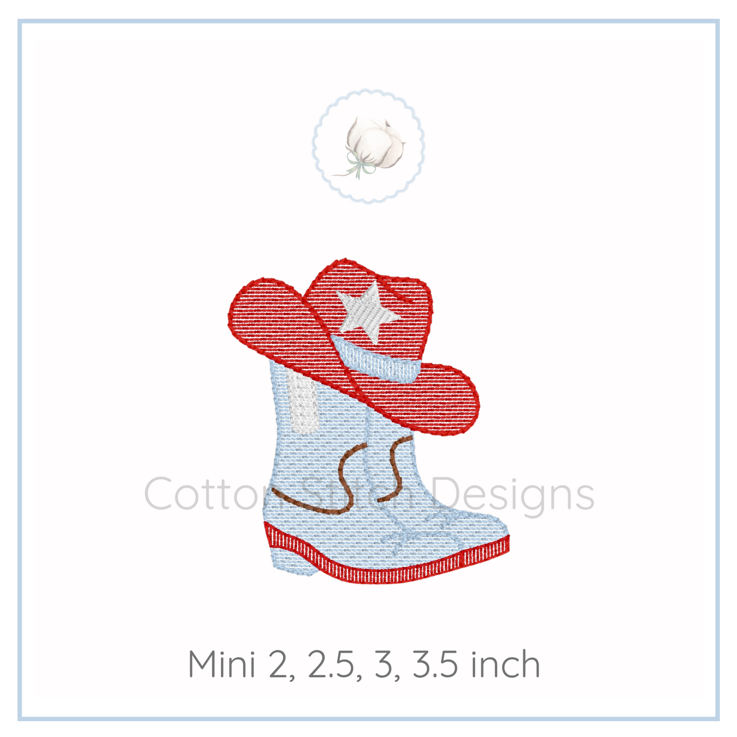 Machine Embroidery design Cotton Stitch Designs Embroidery design of a cowboy boot and hat with a star on a white background, featuring the brand 'Cotton Stitch Designs'.