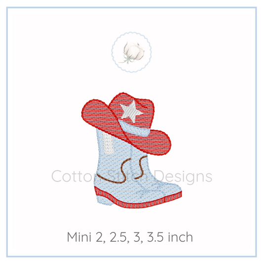 Machine Embroidery design Cotton Stitch Designs Embroidery design of a cowboy boot and hat with a star on a white background, featuring the brand 'Cotton Stitch Designs'.