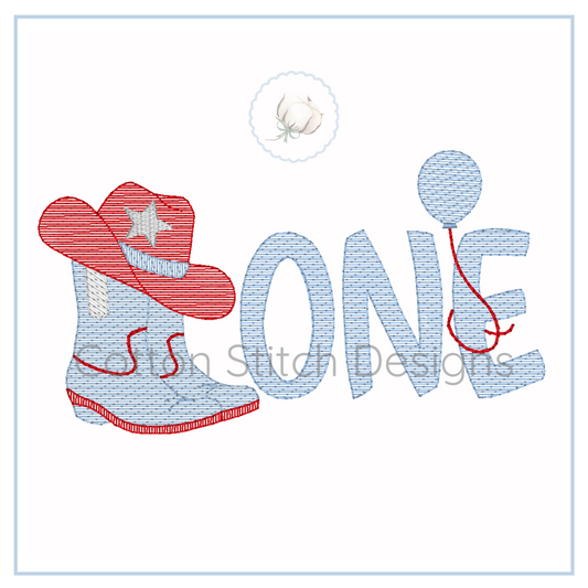 Machine Embroidery design Cotton Stitch Designs Embroidery design with cowboy boot, hat, and 'ONE' text on a white background.