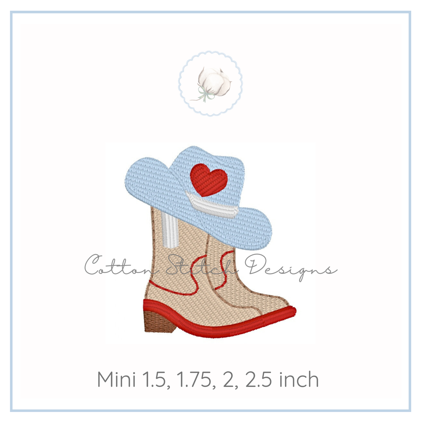 Mini Cowboy Boots and Heart Hat Fill Stitch Embroidery Design