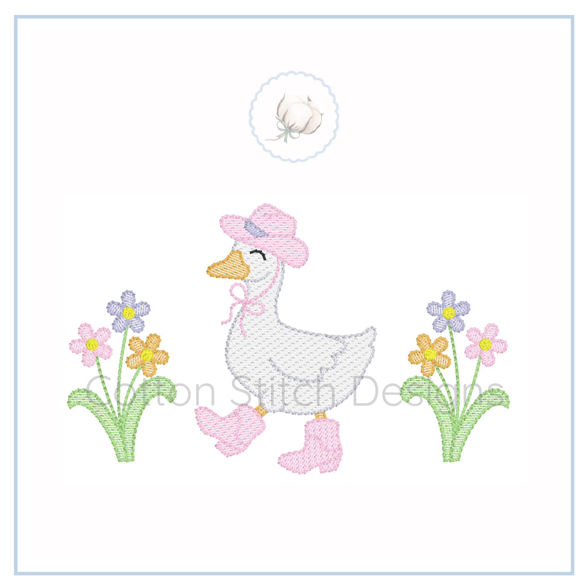 Machine Embroidery design Cotton Stitch Designs Embroidered design of a goose wearing a pink hat and boots with flowers on a white background.