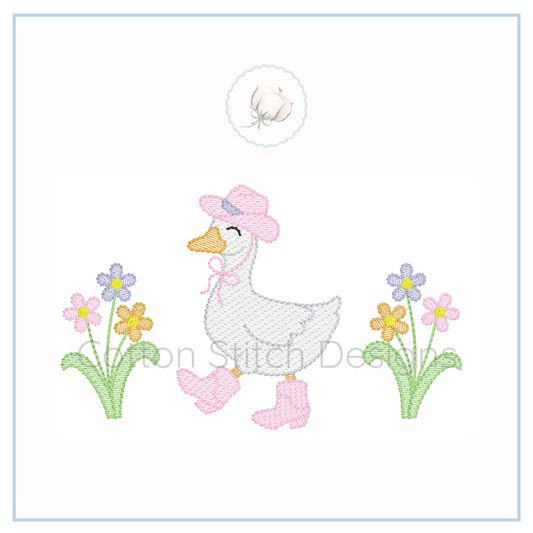 Machine Embroidery design Cotton Stitch Designs Embroidered design of a goose wearing a pink hat and boots with flowers on a white background.